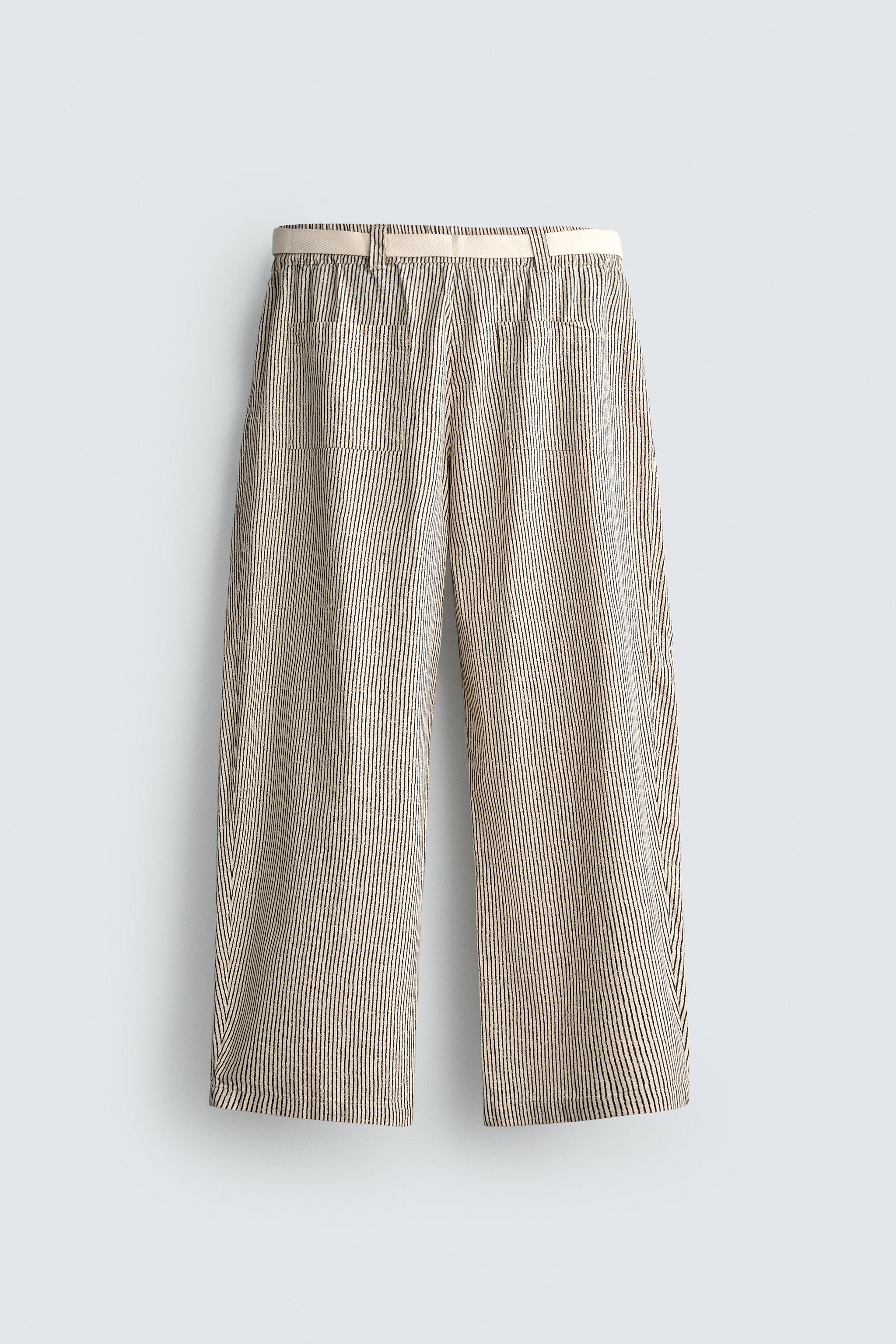 STRIPED WIDE FIT BELTED PANTS